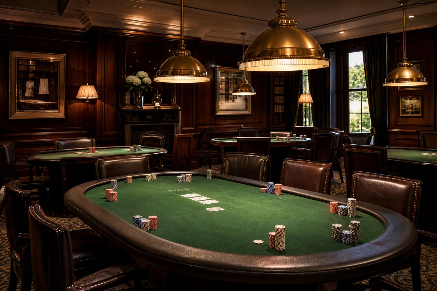 Casino card room set for a poker tournament